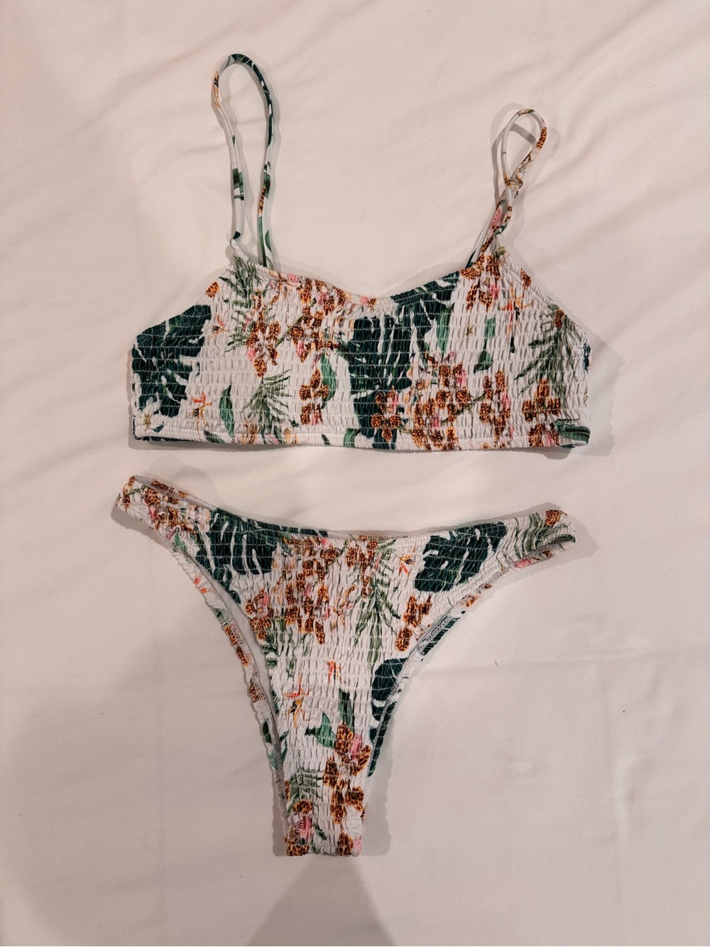 Floral Smocked Bikini Set in White and Green